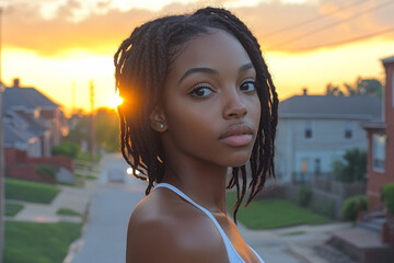 Wall Mural - She has her hair pulled back and is wearing a white tank top