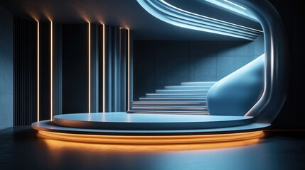 Poster - A stylish podium with a floating design and LED lighting, in a modern theater or auditorium.