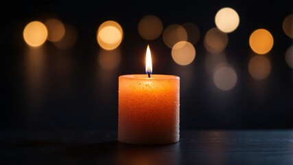 Candle is lit and is sitting on dark surface.