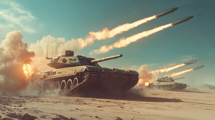 Wall Mural - A group of tanks are in a battle, with one tank being the largest