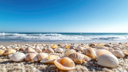 Wall Mural - A close-up of seashells scattered across the sand, with the ocean waves and clear blue sky in the background.