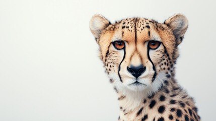 Wall Mural - A close up, realistic of a cheetah with an intense gaze, positioned on a vivid white background. The lighting is soft and even, capturing the fine details of the cheetahs fur