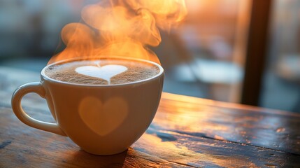 Wall Mural - cup of hot coffee with a heart-shaped foam