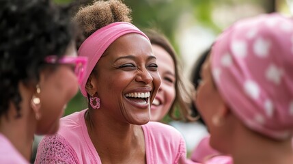 A dynamic and uplifting photo of a diverse group of women laughing and sharing stories in a circle, each wearing pink clothing or accessories, symbolizing their collective support and solidarity in