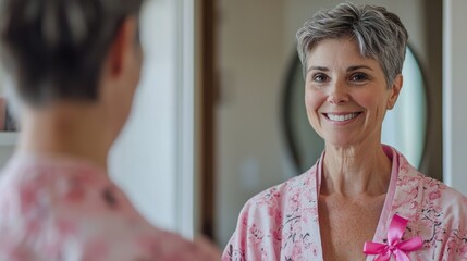 An inspiring image of a middle-aged woman with short regrowth hair, standing in front of a mirror and smiling at her reflection, with a pink ribbon pinned to her robe, symbolizing self-acceptance and