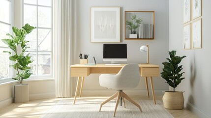 Aufkleber - A Nordic-style home office with clean lines, light wood furniture, and a serene color palette, offering a productive and stylish workspace.
