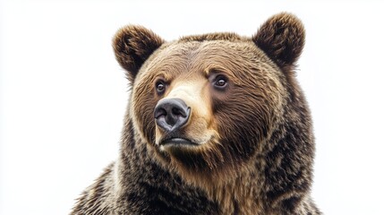 Wall Mural - A close up, realistic of a grizzly bear with a commanding gaze, positioned on a vivid white background. The lighting is soft and even, capturing the fine details of the bears fur