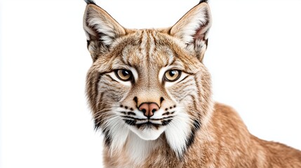 Wall Mural - A close up, realistic of a lynx with a focused and intense gaze, positioned on a vivid white background. The lighting is soft and even, capturing the fine details of the lynxs fur