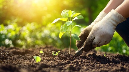Aufkleber - A person planting a young tree in a garden, using a small shovel and wearing gardening gloves, with fresh soil and a sunny background creating a nurturing scene.
