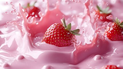 Splash of Strawberry Milk with Floating Berries Frozen in Time