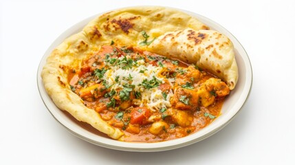 A plate of vibrant Indian curry with naan bread, set against a white background, highlighting the rich colors and textures of the dish.