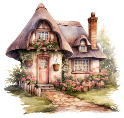 Poster - PNG Charming cottage watercolor illustration