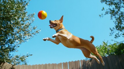 Poster - A playful scene of a dog joyfully chasing after a brightly colored ball in a backyard, with the dog mid-jump and the ball just out of reach, against a clear blue sky.