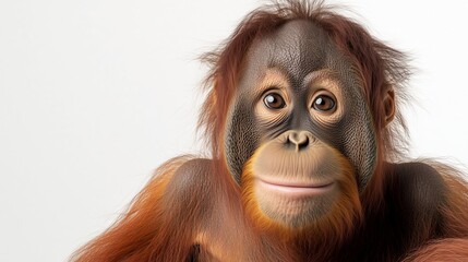 A close up, realistic of an orangutan with an introspective gaze, positioned on a vivid white background. The lighting is soft and even, capturing the fine details of the