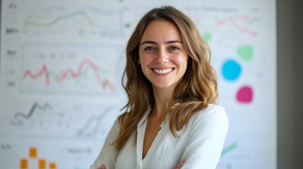 Aufkleber - A portrait of a businesswoman smiling confidently in front of a whiteboard with business graphs and charts, showcasing her role as a leader and strategist in the workplace.