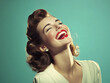 © Hew Pallot - vintage-style 1940s portrait of joyful woman with red lipstick laughing