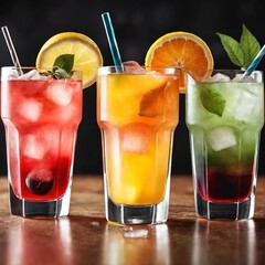 Colorful gin tonic cocktails in glasses on bar counter in pup or restaurant