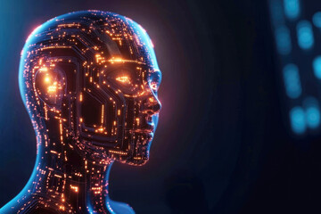 Poster - Profile of a glowing digital humanoid head with intricate circuit patterns, symbolizing the synergy between technology and humanity.