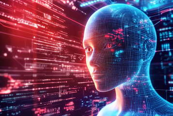 Poster - A digitally rendered figure in an abstract space, enveloped in neon-lit patterns, portraying the blend of human and technology.
