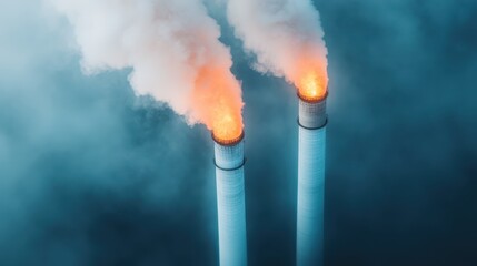 Two industrial smokestacks are seen emitting flames and smoke into the sky, highlighting the intensity and danger associated with heavy industrial manufacturing processes.