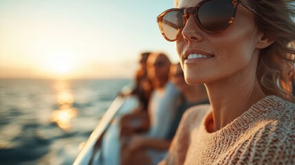 a woman wearing sunglasses enjoys a serene boat ride during sunset, while other people in the backgr