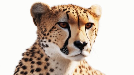Wall Mural - A detailed and realistic close up of a cheetah, showcasing its sharp features and agile physique. The cheetah is positioned in front of a pure white backdrop, with bright, even