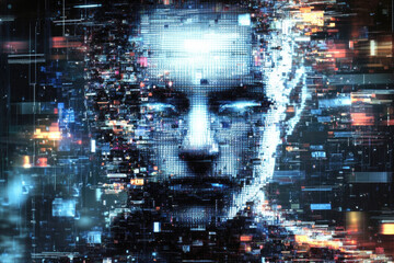 Poster - An abstract digital representation of a blurred face overlaid with glitch effects in a high-tech matrix-inspired theme.