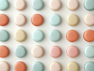 A perfectly aligned grid of colorful macarons in various pastel shades