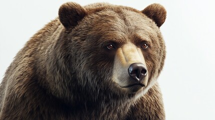 Wall Mural - A detailed and realistic close up of a grizzly bear, showcasing its robust build and intense eyes. The bear is positioned in front of a pure white backdrop, with bright, even