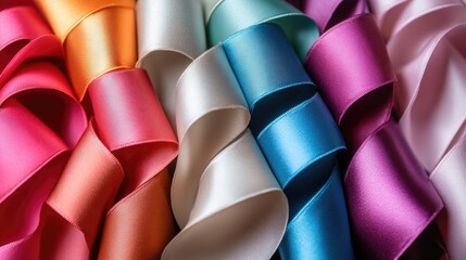 Poster - Satin ribbon in various colors arranged in a spiral pattern, ideal for festive decoration concepts -
