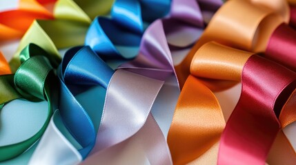 Poster - Satin ribbon in various colors arranged in a spiral pattern, ideal for festive decoration concepts -