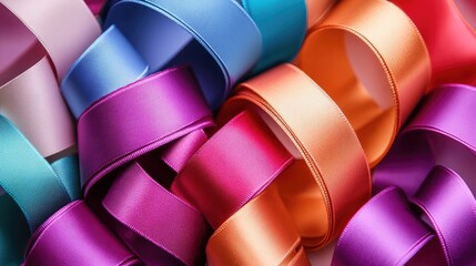 Poster - Satin ribbon in various colors arranged in a spiral pattern, ideal for festive decoration concepts -