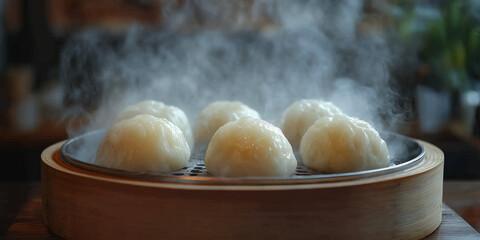 steaming hot dumplings bao in dim sum bamboo steamer