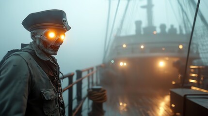 Zombie pirate captain on a haunted ship, eerie fog, glowing eyes, maritime horror, Halloween undead sailor