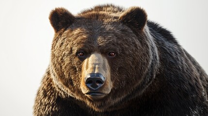 Wall Mural - A detailed and realistic close up of a grizzly bear, showcasing its robust build and intense eyes. The bear is positioned in front of a pure white backdrop, with bright, even