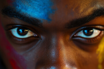 Wall Mural - A woman with colorful face paint on her face and brown eyes