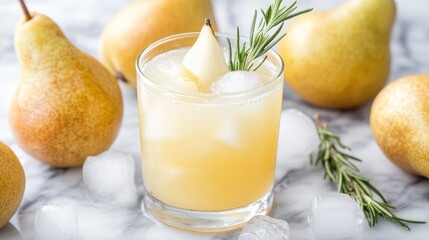 Poster - Soft pear juice in a glass with ice cubes and rosemary garnish, surrounded by fresh pears on a marble surfa