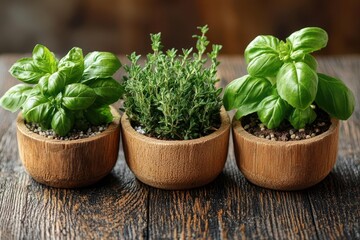 Wall Mural - rustic tabletop vignette freshly harvested herbs rosemary basil thyme arranged on weathered wooden surface soft natural lighting