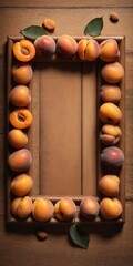 Canvas Print - Apricot fruits on wooden table, frame with copy space. Top view flat lay