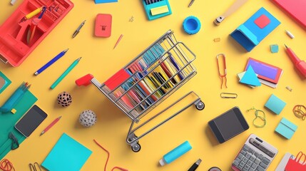 Poster - Virtual shopping cart filled with office supplies, stationery, and tech gadgets, work-from-home essentials