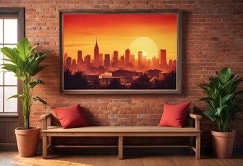 A framed poster with an Urban landscapes displayed on a wall in a hallway, with two wooden benches in the foreground, nature, industrial, sidewalk, snow, concept, wallpaper, background, stylish, moder