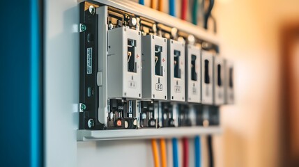 Detailed view of a labeled fuse box with circuit breakers in a residential electrical system providing power control safety and distribution management for a home or building