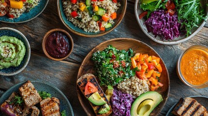 A colorful and appetizing display of a vegan meal featuring a variety of plant-based dishes such as quinoa salad grilled vegetables avocado toast and a green smoothie on a rustic wooden table