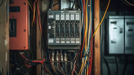 Poster - wiring and electrical panel installed inside a home utility room or service area showing the interna