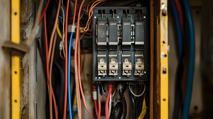 Poster - wires connected to electrical panel in home utility room technological infrastructure for electrical