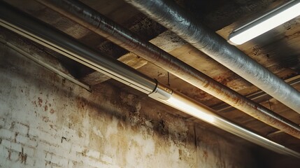 Poster - photograph showcasing exposed electrical conduits and wiring running along the ceiling in a resident