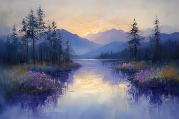 serene landscape painting harmonious color palette tranquil natural setting impressionistic brushstrokes evocative mood