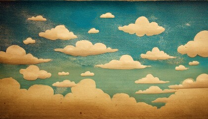 Sticker - retro sky pattern on old paper texture. raster halftone vintage clouds.
