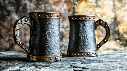 Two rustic metal mugs with rivets on a stone surface, evoking a medieval or fantasy theme