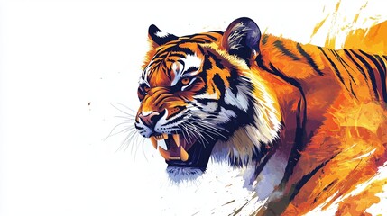 A detailed, artistic illustration of a tiger with a fierce expression, positioned on a bright white background. The design emphasizes the tiger s dramatic stripes and powerful